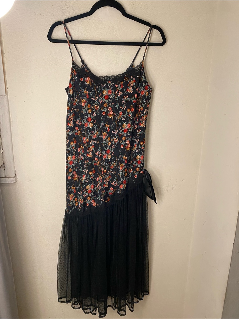 Black Floral Lace-Trim Slip Dress with Sheer Hem. Y2k